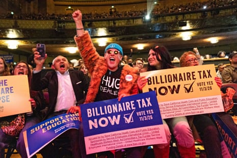 Supporters at the Billionaire Tax Now rally on 18 February 2026 in Los Angeles, California.