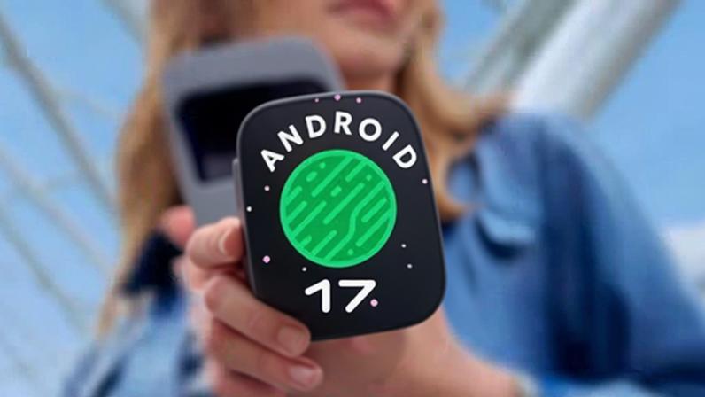 Logotipo de Android 17 con fondo de una chica con un Pixel de Google