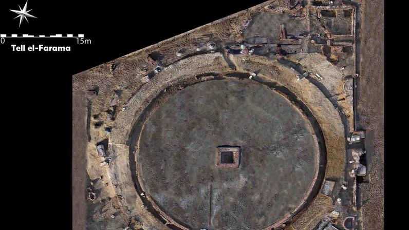 An aerial view of the archaeological site at Tell el-Farama, Egypt