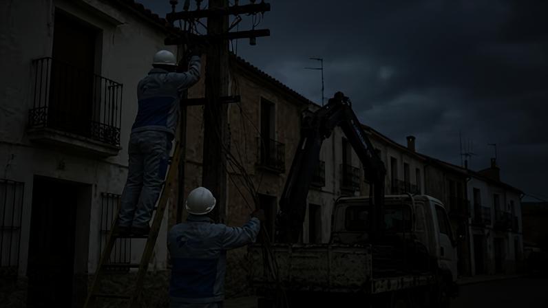 Operarios de la desaparecida empresa Sintel en un poste telefónico.