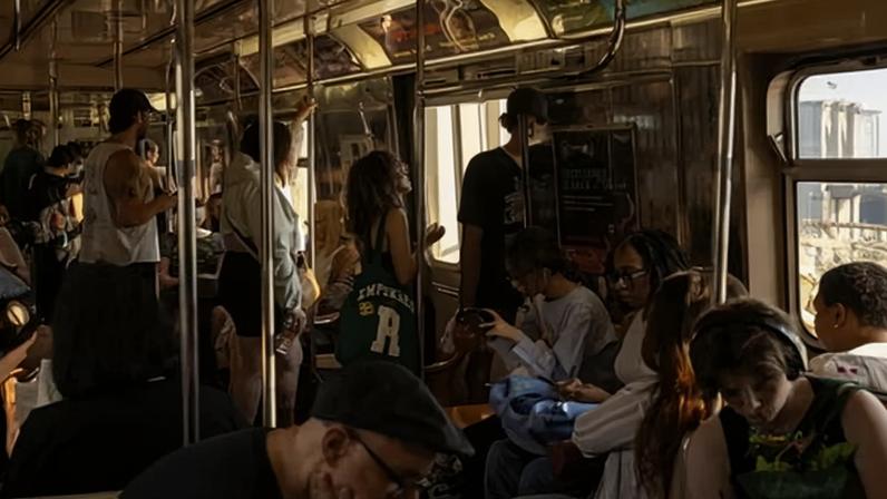 Commuters on a subway train in New York.