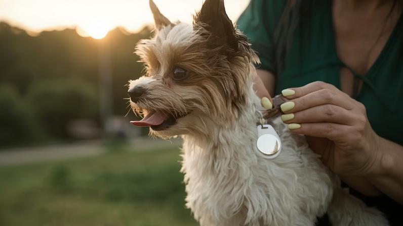 Manicured hands with a yorkshire terrier type dog with GPS tracker outdoors