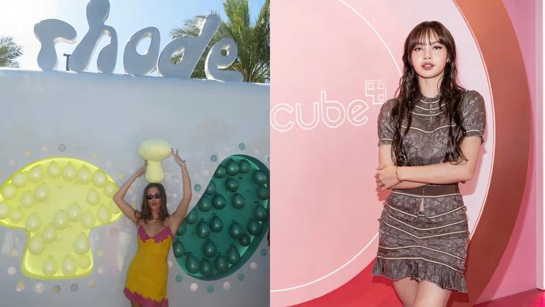 From left: Hailey Bieber at her beauty brand Rhode's mini festival that took place in Indio, California during Coachella weekend 1; K-pop star Lisa visiting Medicube's booth on the grounds of the Coachella Valley Music and Arts Festival.