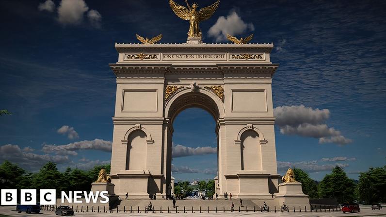 A rendering of the Triumphal Arch, in white marble and gold statues against a blue sky