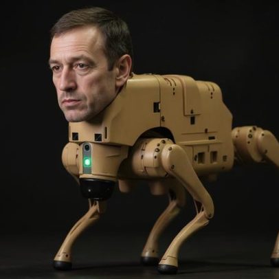 Cães-robôs criam obra de arte em museu com rostos de Musk e Zuckerberg