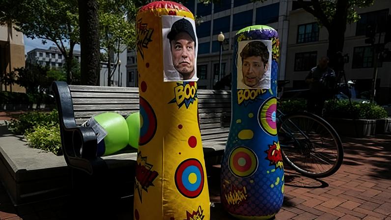 Punching bags with the faces of Musk and Altman seen outside of court