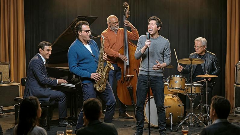 Banda de jazz fictícia formada por CEOs: a partir da esquerda, Shailesh Jejurikar (Procter & Gamble), Dario Amodei (Anthropic), Shantanu Narayen (Adobe), Sam Altman (OpenAI) e Jensen Huang (Nvidia) - Ilustração: Paulo Silvestre