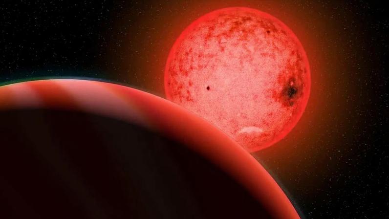 Ilustração mostra TOI-5205 b, gigante gasoso, orbitando uma anã vermelha fria (Imagem: Katherine Cain, Carnegie Institution for Science)