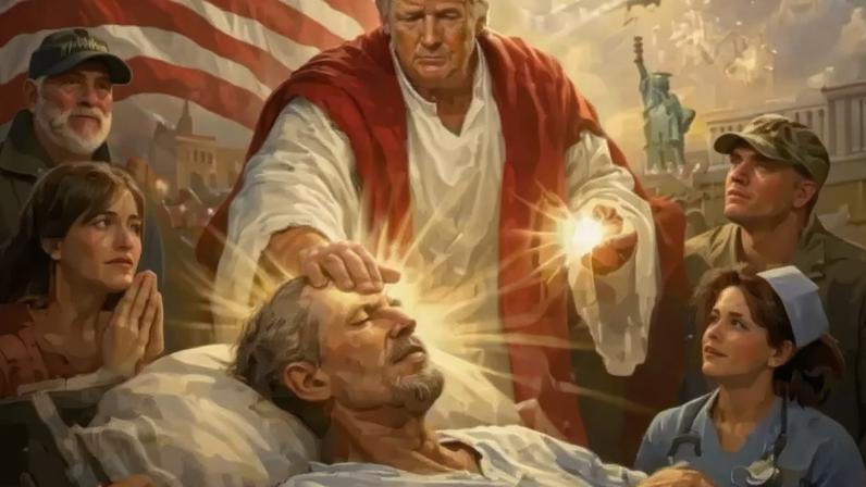 Após um desentendimento com o papa, Trump publicou uma imagem gerada por IA na qual aparece como um santo. A imagem foi posteriormente apagada — Trump afirmou que ela o mostrava como um médico.