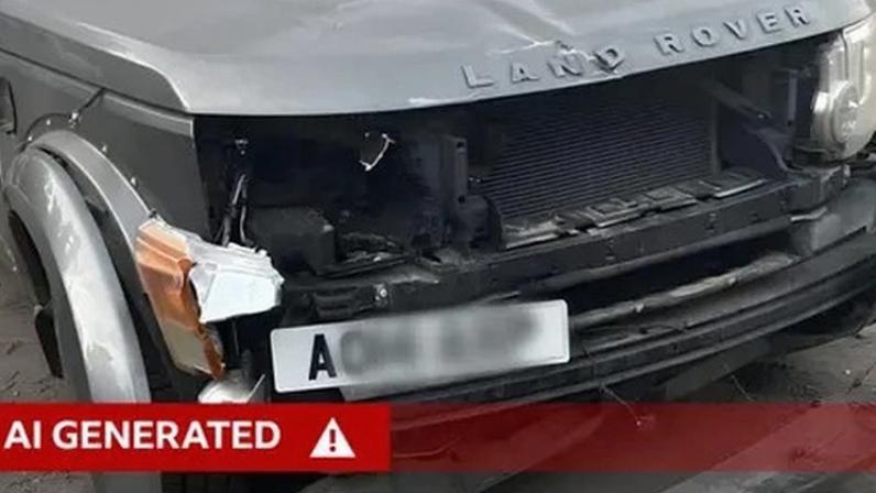 Admiral A close-up of the damaged front of a grey Land Rover, with extensive damage to the bumper and lights of the vehicle. A white, partly-blurred number plate is positioned on the left of the bumper.