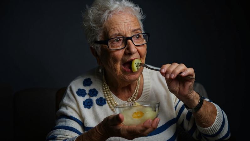 Foto colorida de mulher sentada comendo/mastigando frutas que estão em uma tigela - Metrópoles