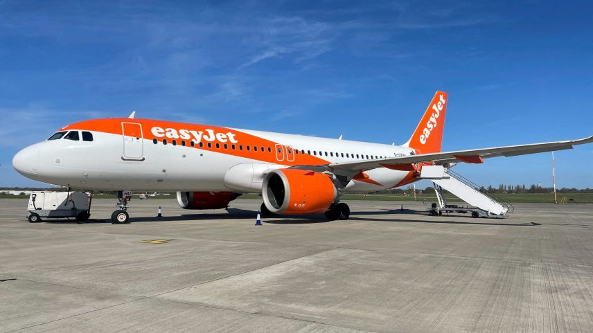An easyJet Airbus plane stands on the tarmac at Southend London Airport, in Southend-on-Sea, Britain March 31, 2025.