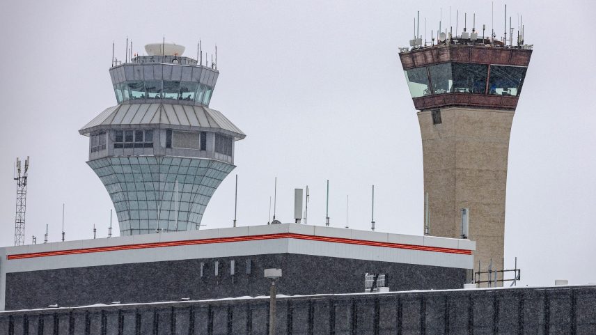 CHICAGO, ILLINOIS - NOVEMBER 30: FAA air traffic control towers after a winter snow storm affected the area at O'Hare International airport on November 30, 2025 in Chicago, Illinois.