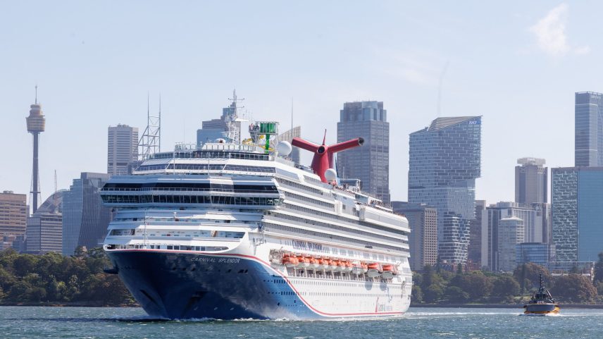 The Carnival Splendor cruise ship sailing with the skyline in the background in Sydney in the state of New South Wales in southeastern Australia on February 13, 2025.