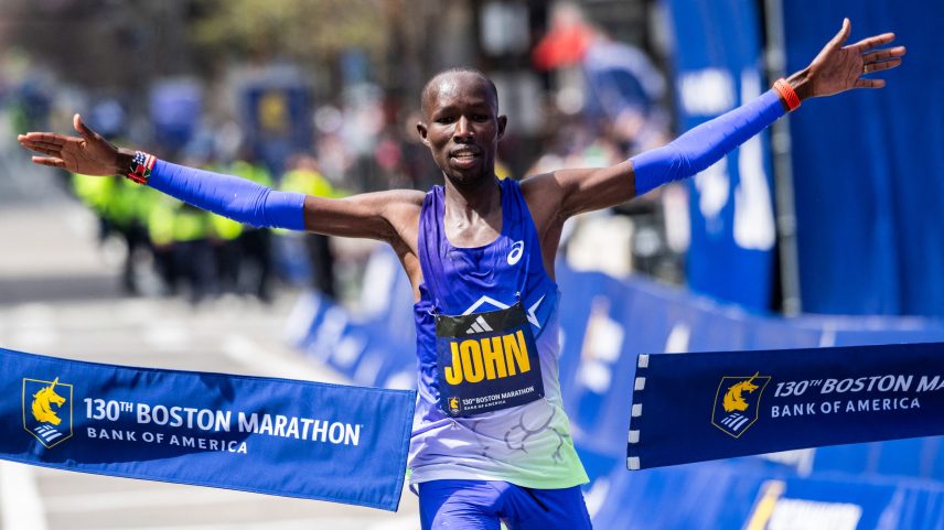 John Korir crosses the finish line as he wins the men's division during the 130th Boston Marathon on April 20, 2026.
