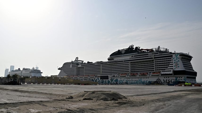 The cruise ships Aroya Manara and MSC Euribia are anchored at the port of Dubai on March 4, 2026.