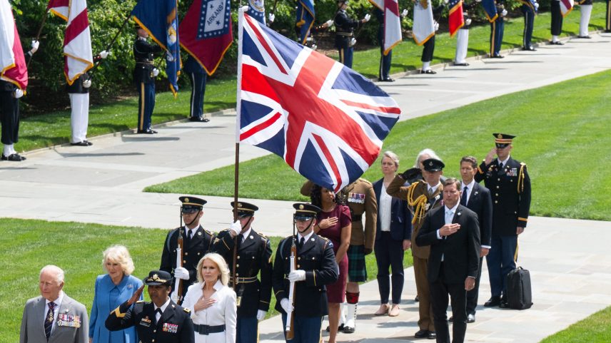 Britain's King Charles III and Queen Camilla attend a ceremony at Arlington National Cemetary in Arlington, Virginia on April 30, 2026.