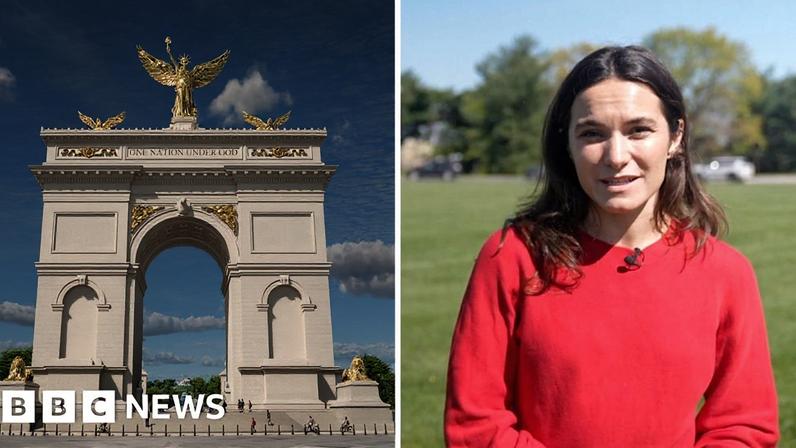 A split screen of a rendering of arch on the left and a woman in red on the right.