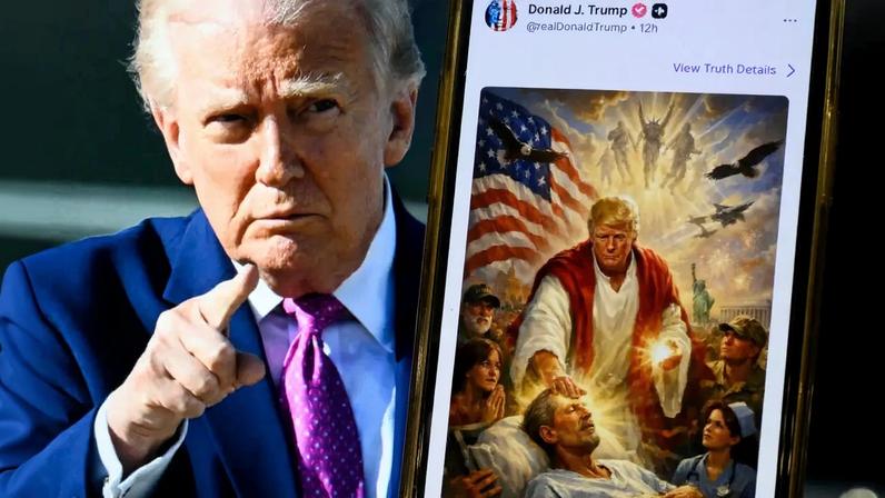 Presidente dos EUA, Donald Trump, publicou nas redes imagem gerada por IA, na qual se retrata como Jesus Cristo, após criticar o papa Leão XIV. 13/04/2026 - (Mandel Ngan e TruthSocial/AFP)