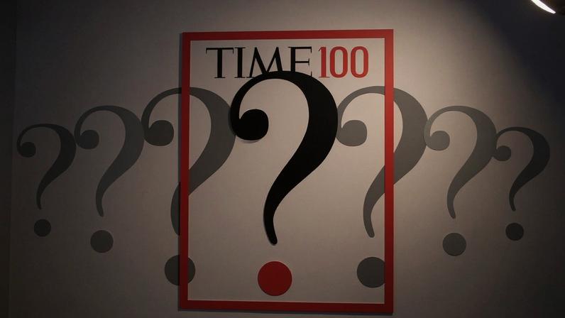 red frame with "Time 100" on the top and a series of question marks in front