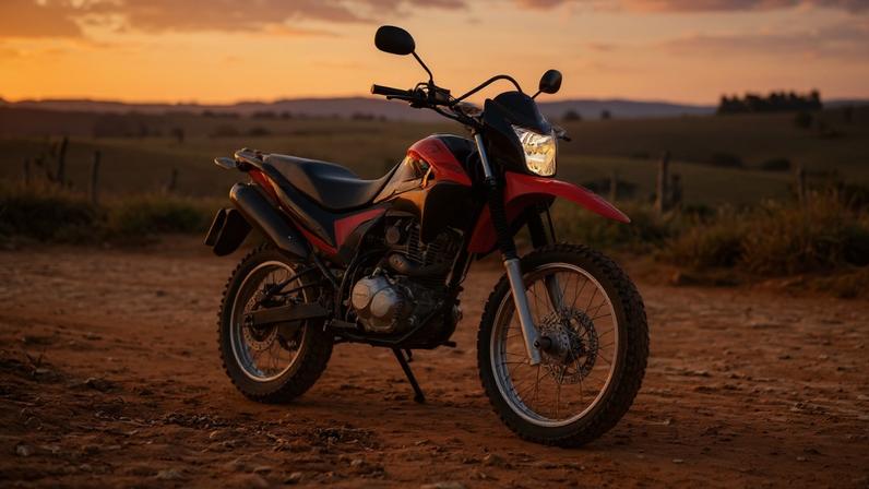 Motocicleta versátil de uso misto estacionada em estrada de terra durante o pôr do sol