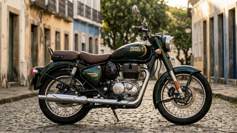 Motocicleta clássica com motor de 349 cilindradas e design atemporal estacionada em rua pavimentada