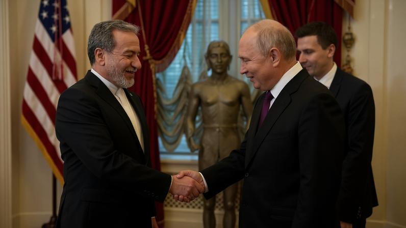 O ministro das Relações Exteriores iraniano, Abbas Araqchi (esq.), agradeceu a Putin (dir.) pelo apoio da Rússia