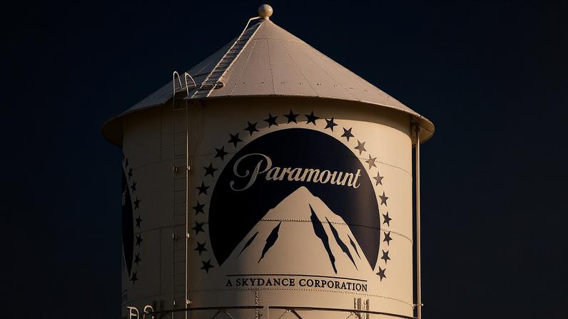 The Paramount Pictures logo is displayed on the water tower in Los Angeles California on February 17 2026. Paramount...