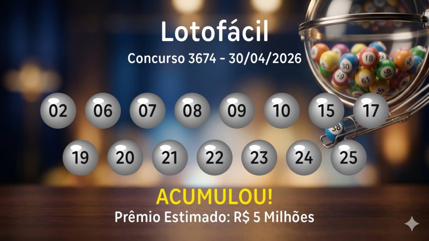 Lotofácil: números sorteados no concurso 3674