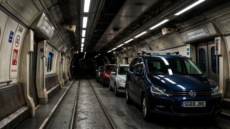 Famílias inteiras estacionam seus carros dentro de um trem de alta velocidade e viajam debaixo do oceano por 50 quilômetros para conseguir cruzar a fronteira em segurança