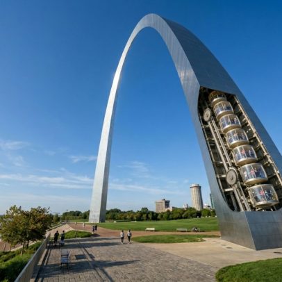 Arco de aço inoxidável de 200 m nos EUA com bondes internos para turistas