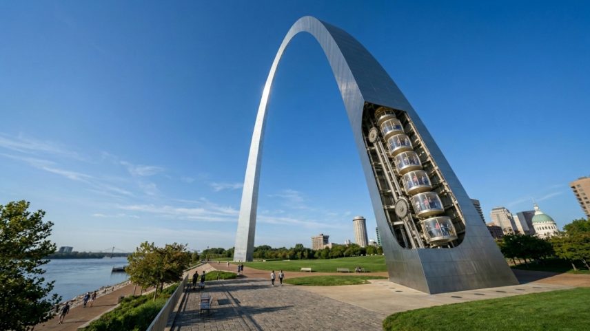 Arco monumental de aço inoxidável com bondes internos que levam visitantes ao topo da estrutura – Créditos: depositphotos.com / jbyard