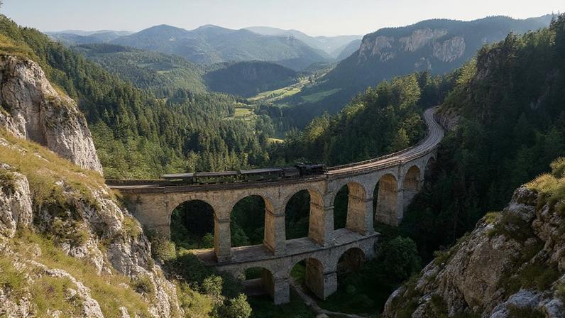 Primeira ferrovia de alta montanha do mundo com viadutos históricos e túneis na Áustria – Créditos: depositphotos.com / phb.cz