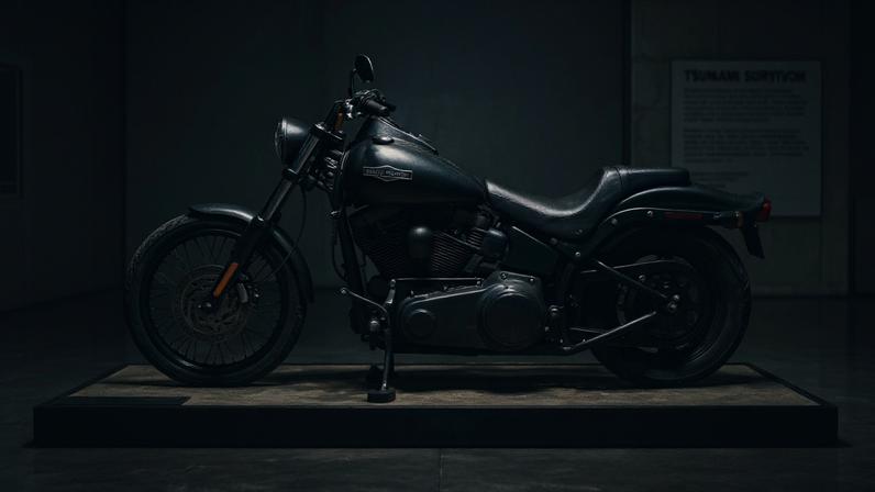Harley-Davidson Softail Night Train exposta em museu com marcas de sal e areia após sobreviver ao oceano