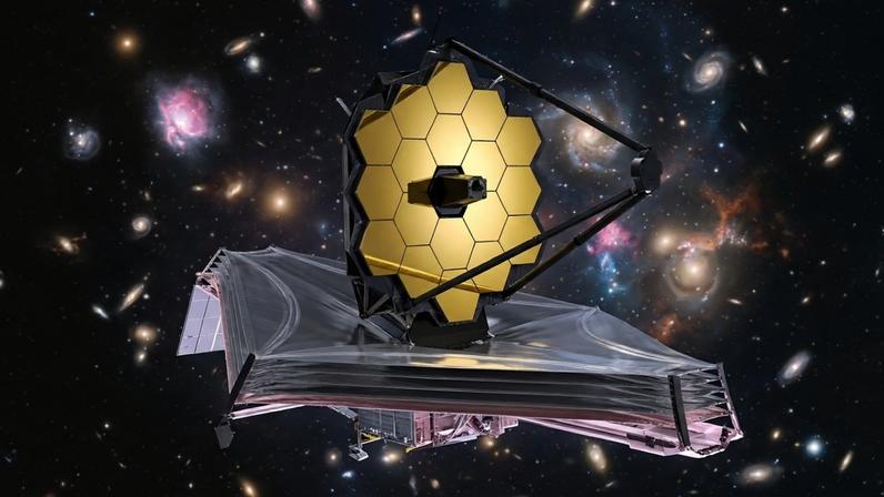 (Imagem ilustrativa)Telescópio espacial com espelho segmentado e escudo térmico projetado para desdobrar-se no vácuo