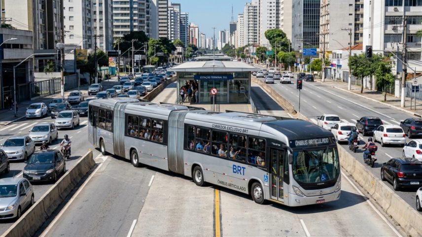 Ônibus biarticulado Volvo Gran Artic 300 circulando em corredor exclusivo de transporte de massa