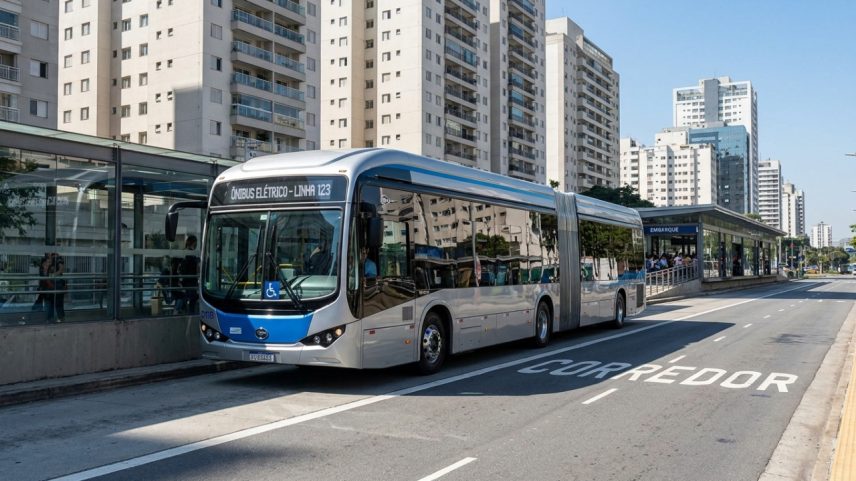 Ônibus elétrico articulado BYD D11B de 22 metros de comprimento circulando em corredor exclusivo urbano