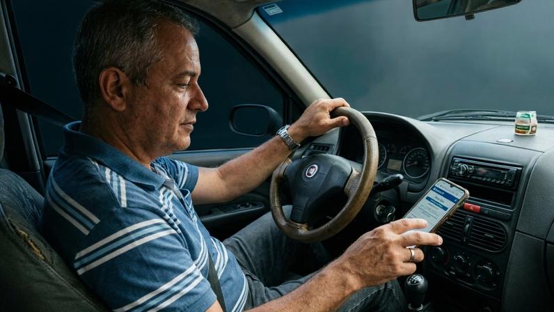 Motorista consultando o fim de tributos para veículos com duas décadas de uso em site governamental