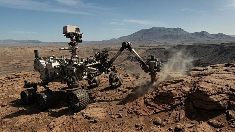 Robô Curiosity realizando perfuração em solo marciano para coleta de amostras sedimentares na Cratera Gale