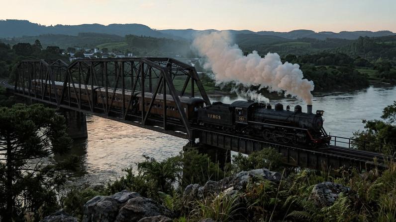O histórico trem de 1920 que percorre 25 quilômetros de pura natureza e cruza uma monumental ponte metálica de 400 metros de extensão exatamente sobre as águas do imponente rio Uruguai no sul do país