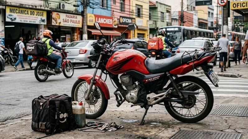 Motocicleta urbana de baixa cilindrada em destaque revelando o motor monocilíndrico e o chassi de aço