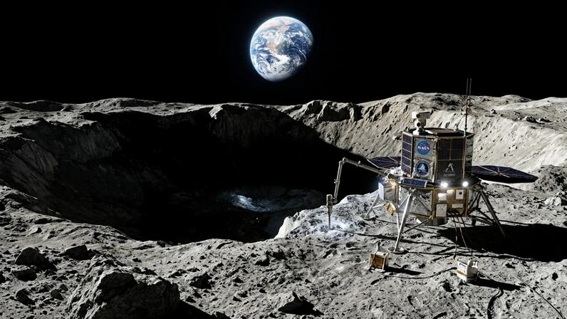 Superfície lunar do polo sul com crateras de sombra permanente onde reservas de gelo foram confirmadas