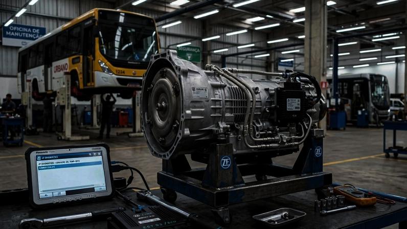Visão técnica do conjunto ZF EcoLife demonstrando a integração entre o conversor de torque e o sistema de retarder primário