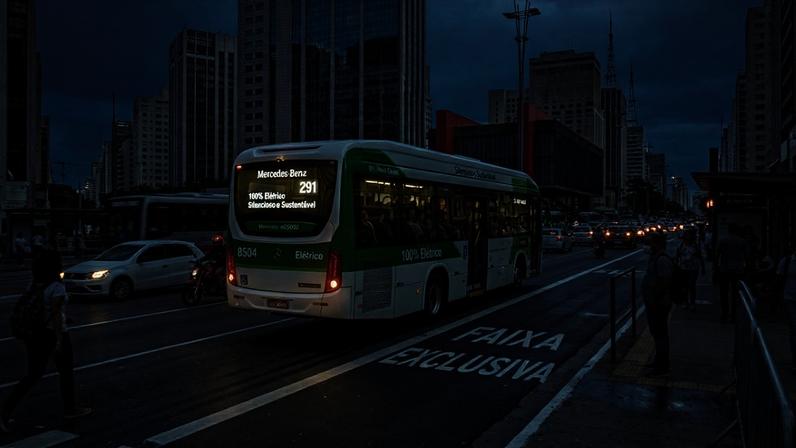 Ônibus elétrico Mercedes-Benz eO500U circulando em via urbana de São Paulo com baterias modulares