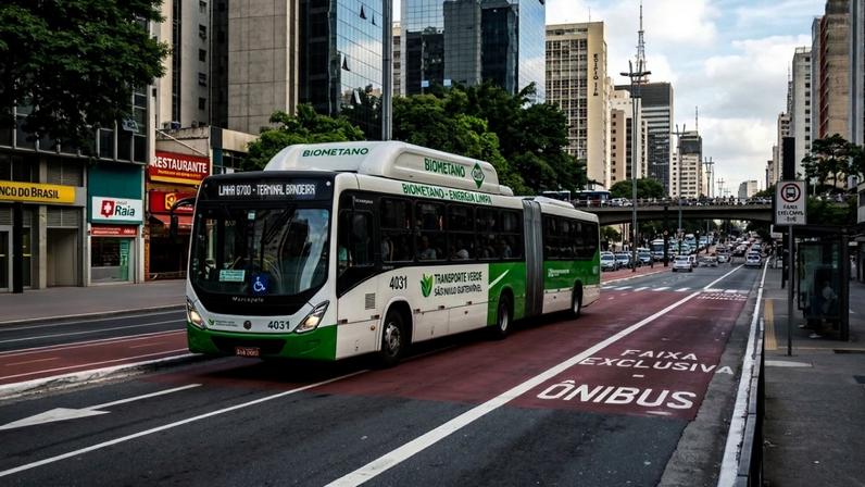 Ônibus sustentável movido a biometano circulando em corredor exclusivo de grande metrópole
