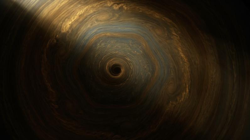 (Imagem ilustrativa)Corrente de jato em formato hexagonal que gira perpetuamente sobre o polo norte de Saturno