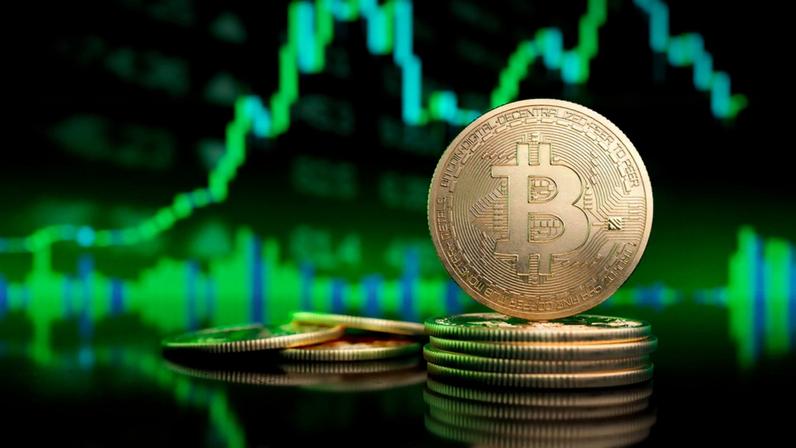 Bitcoin na frente de um fundo de gráfico de alta