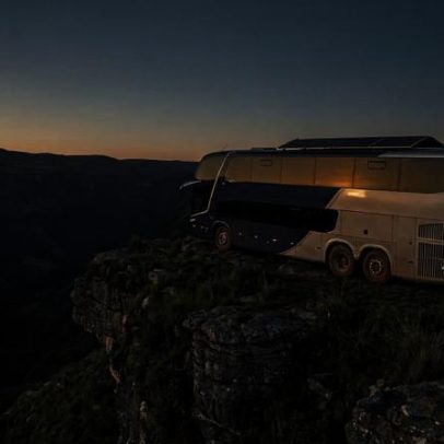 Mansão sobre rodas, antes ônibus, ganha piscina LED e 4 quartos para a família