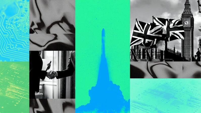 Photo Illustration of a Spaceship Launching Business people handshaking and a photo of the UK