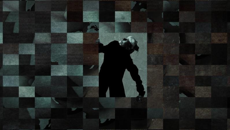 Photo Illustration of Checkered Background with a Small Window in the Center and someone looking out